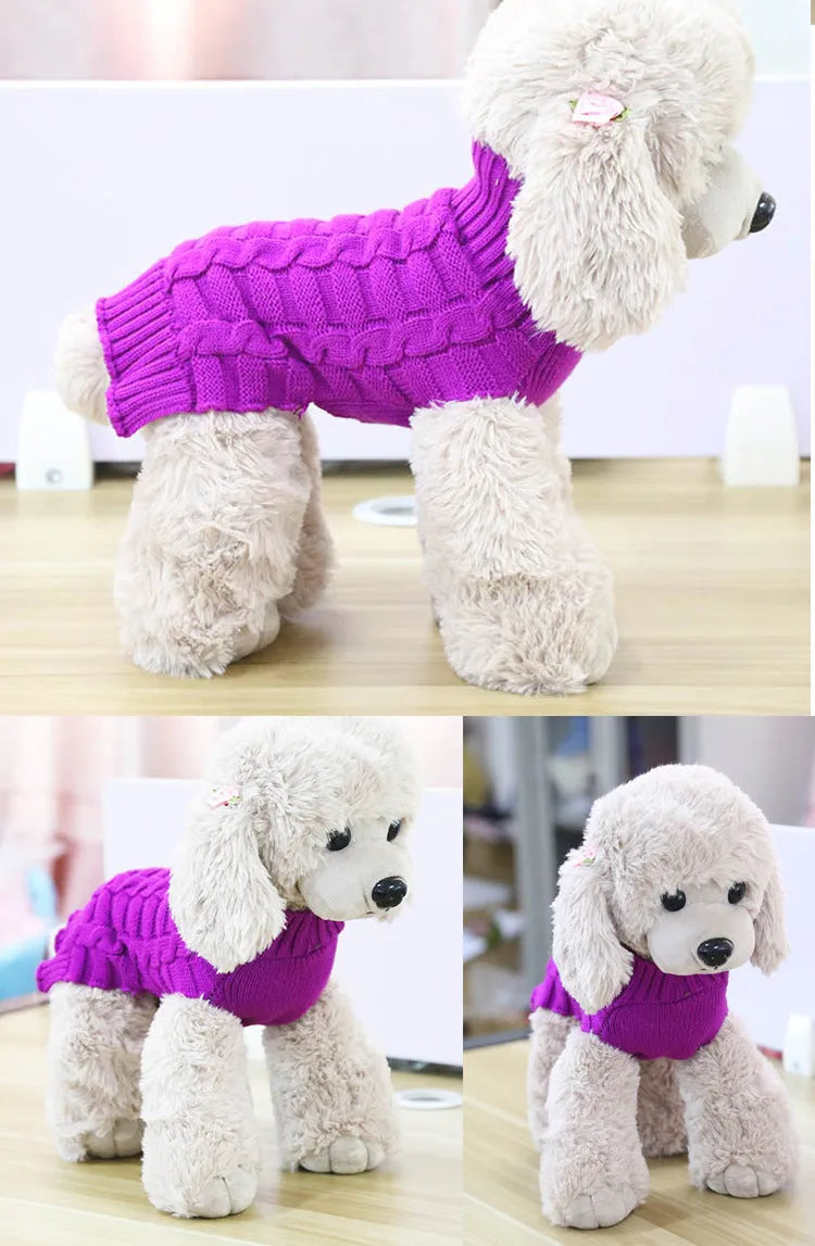 Wool twisted rope dog sweater in multiple colours and sizes with chest and back length measurements