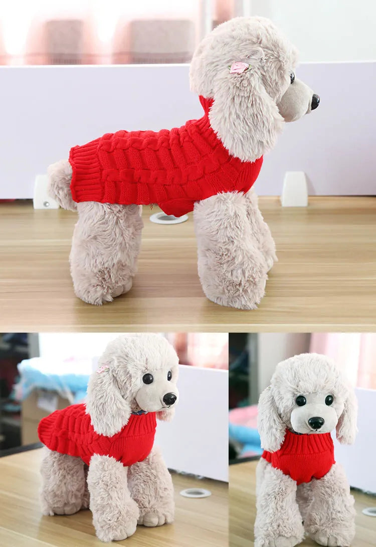 Wool twisted rope dog sweater in multiple colours and sizes with chest and back length measurements
