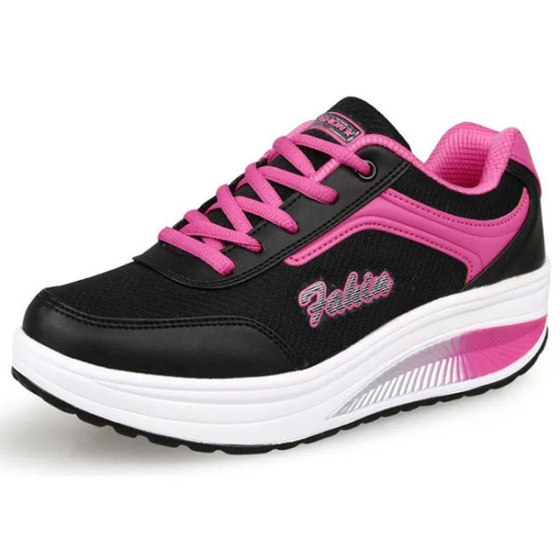 Women's heelless sports travel shoe in black, blue, pink, or purple with a 3-5cm medium heel.