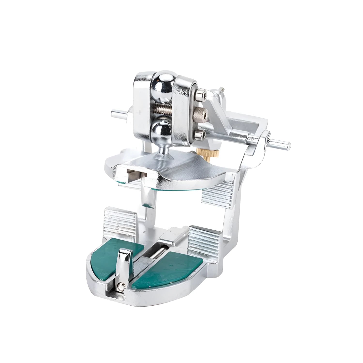 Korean dental laboratory articulator with adjustable arms for mounting adult jaw models.