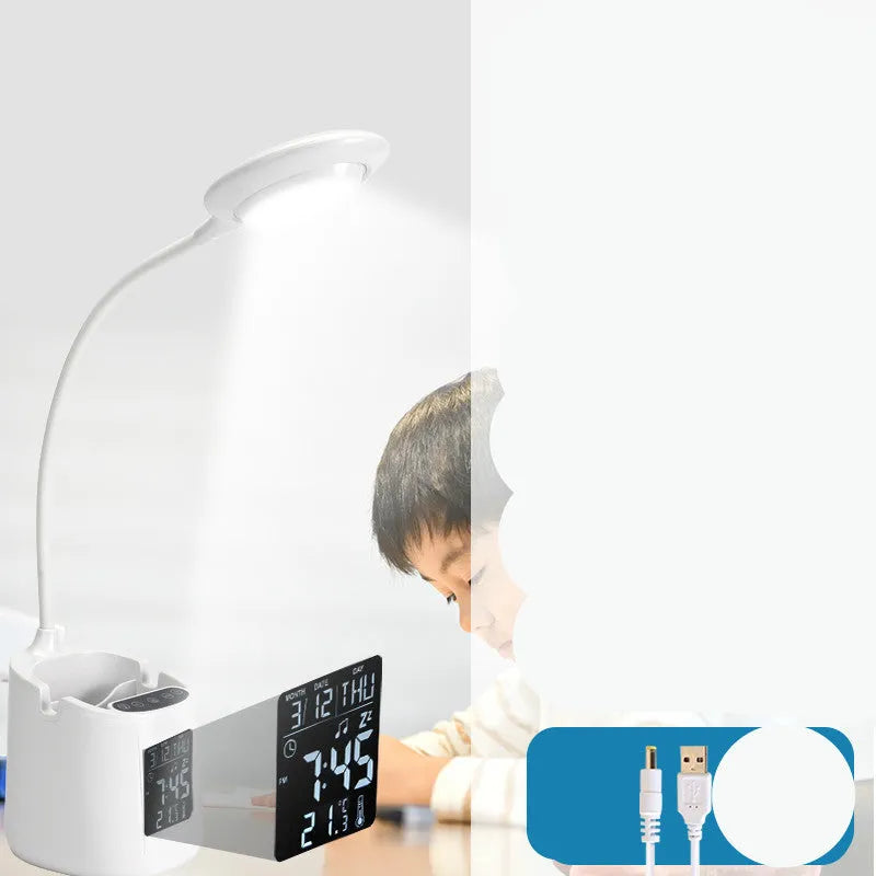White USB desk lamp with touch switch control on a wooden desk.
