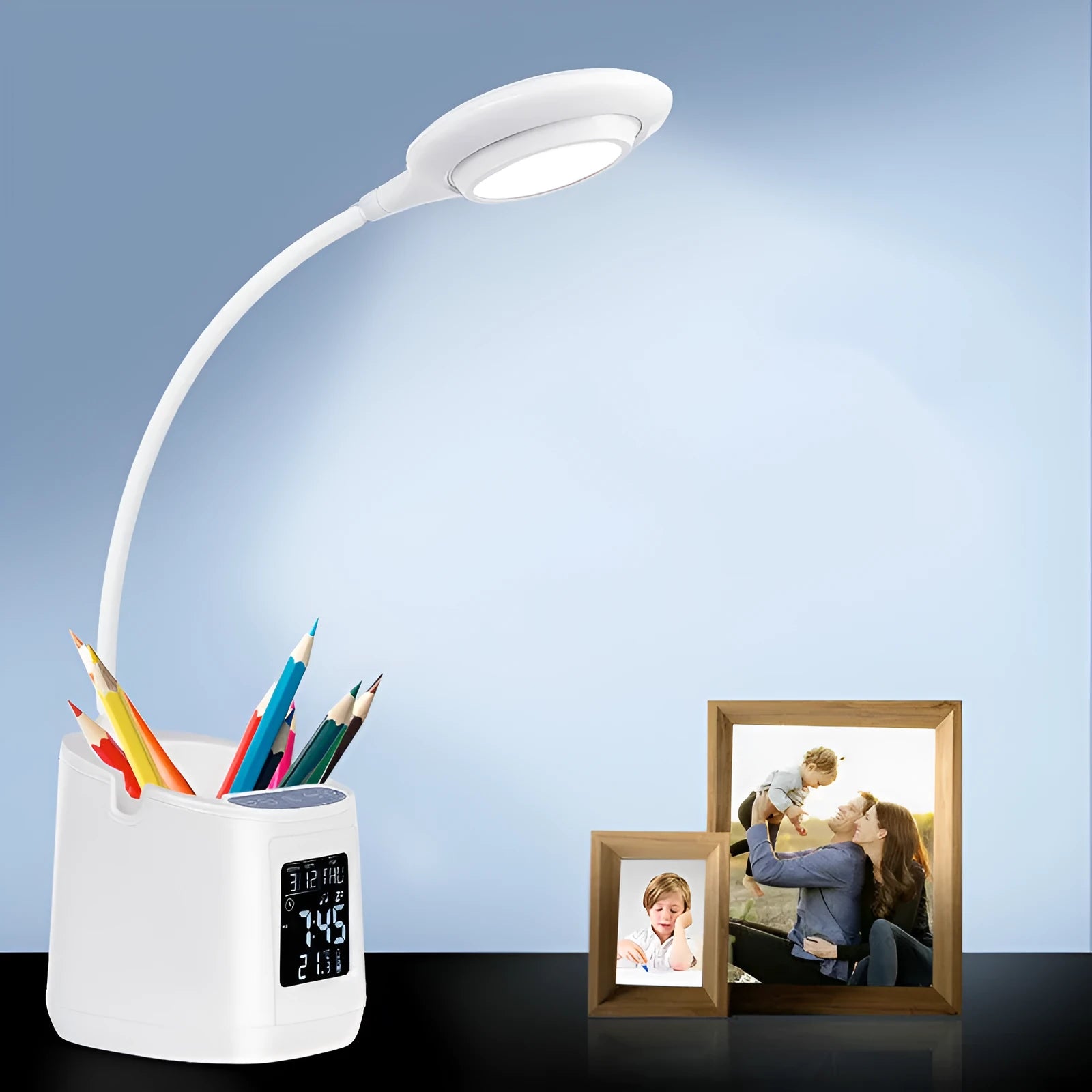 White USB desk lamp with touch switch control on a wooden desk.