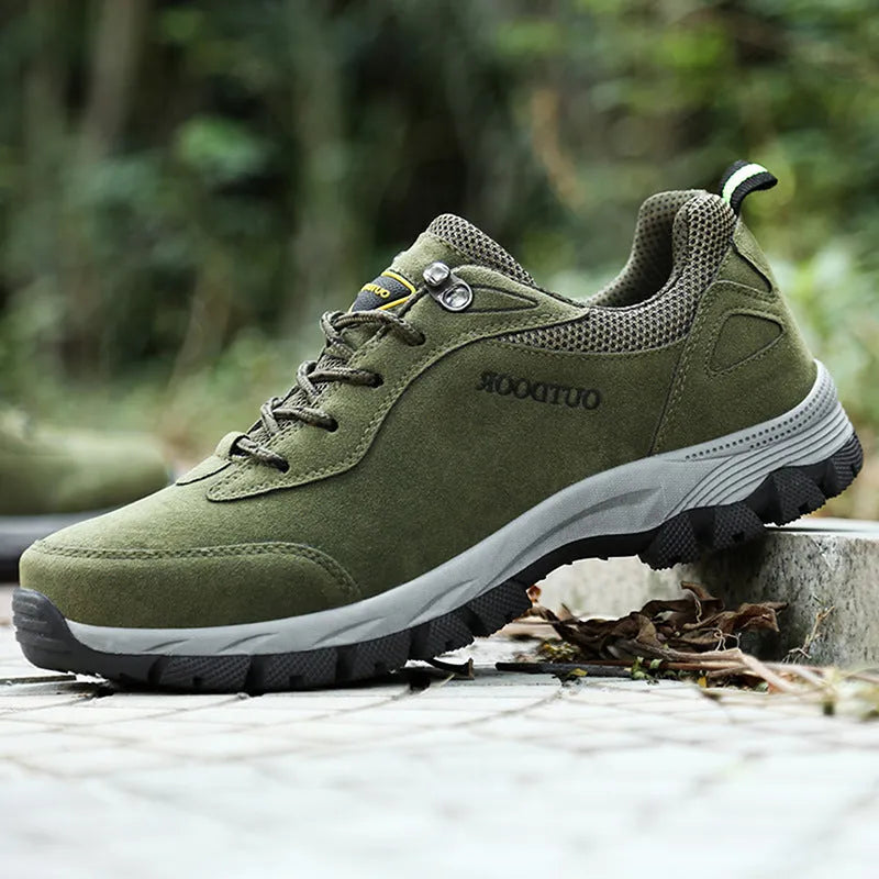Men's low-top outdoor hiking shoe in Army Green colour, showing casual design.
