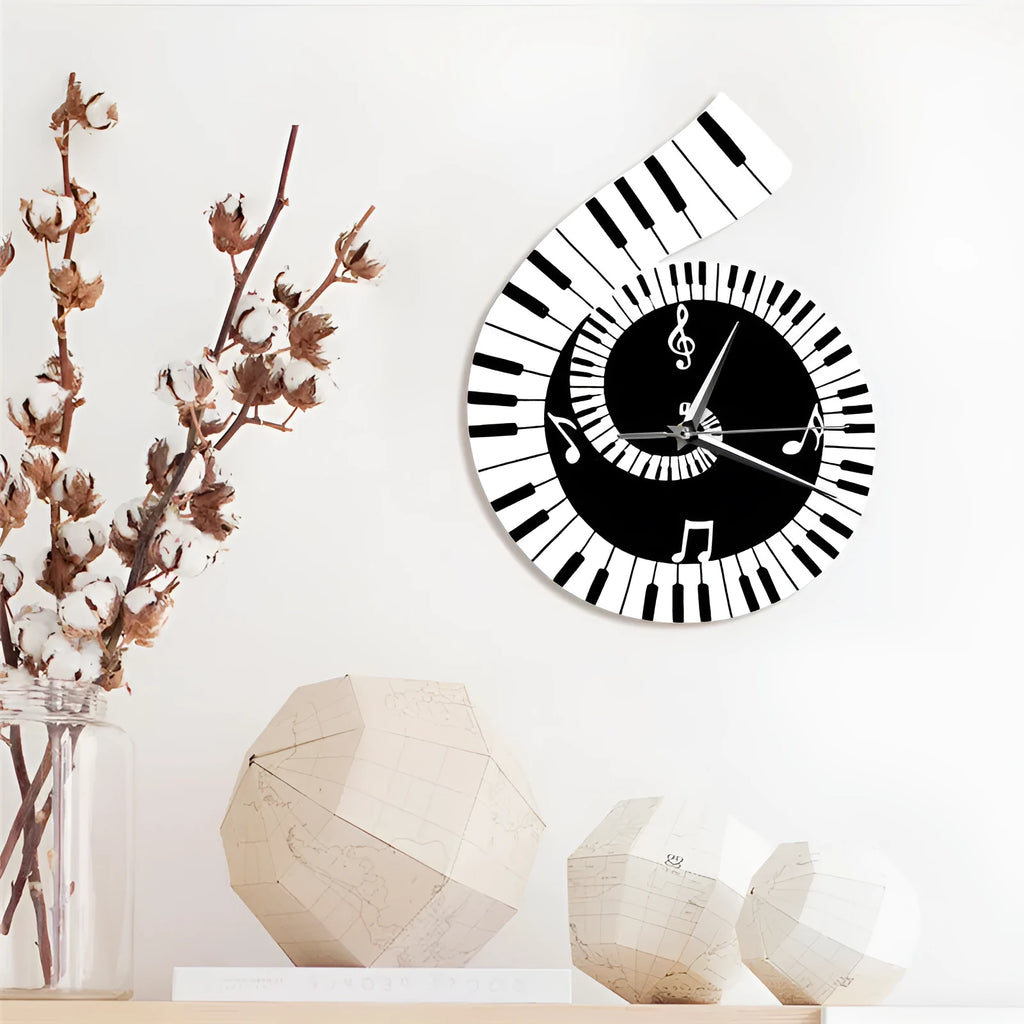 Black and white wall clock shaped with treble clef piano keyboard musical notes decoration