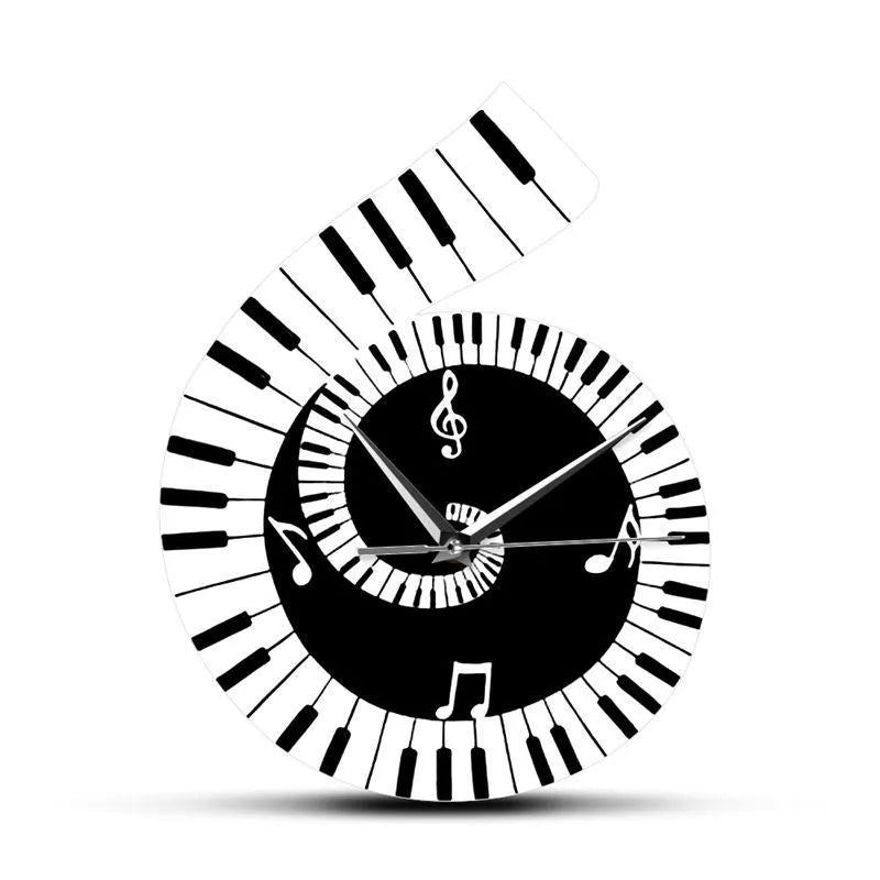 Black and white wall clock shaped with treble clef piano keyboard musical notes decoration