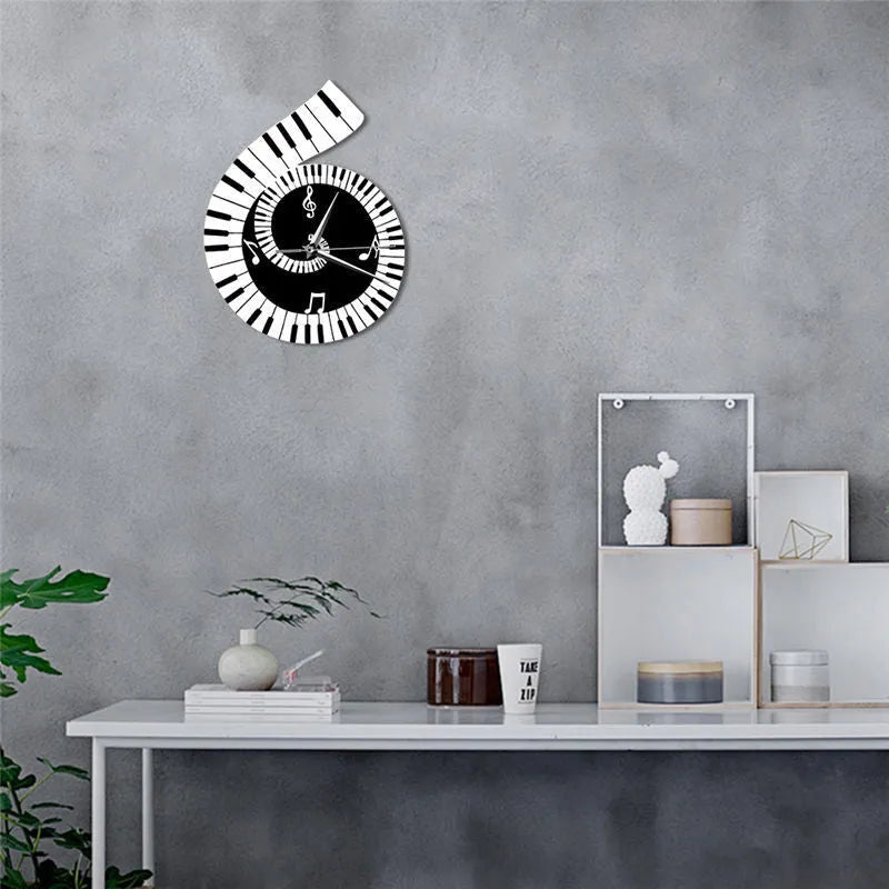 Black and white wall clock shaped with treble clef piano keyboard musical notes decoration