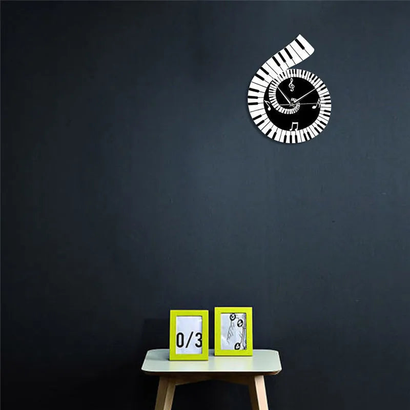 Black and white wall clock shaped with treble clef piano keyboard musical notes decoration