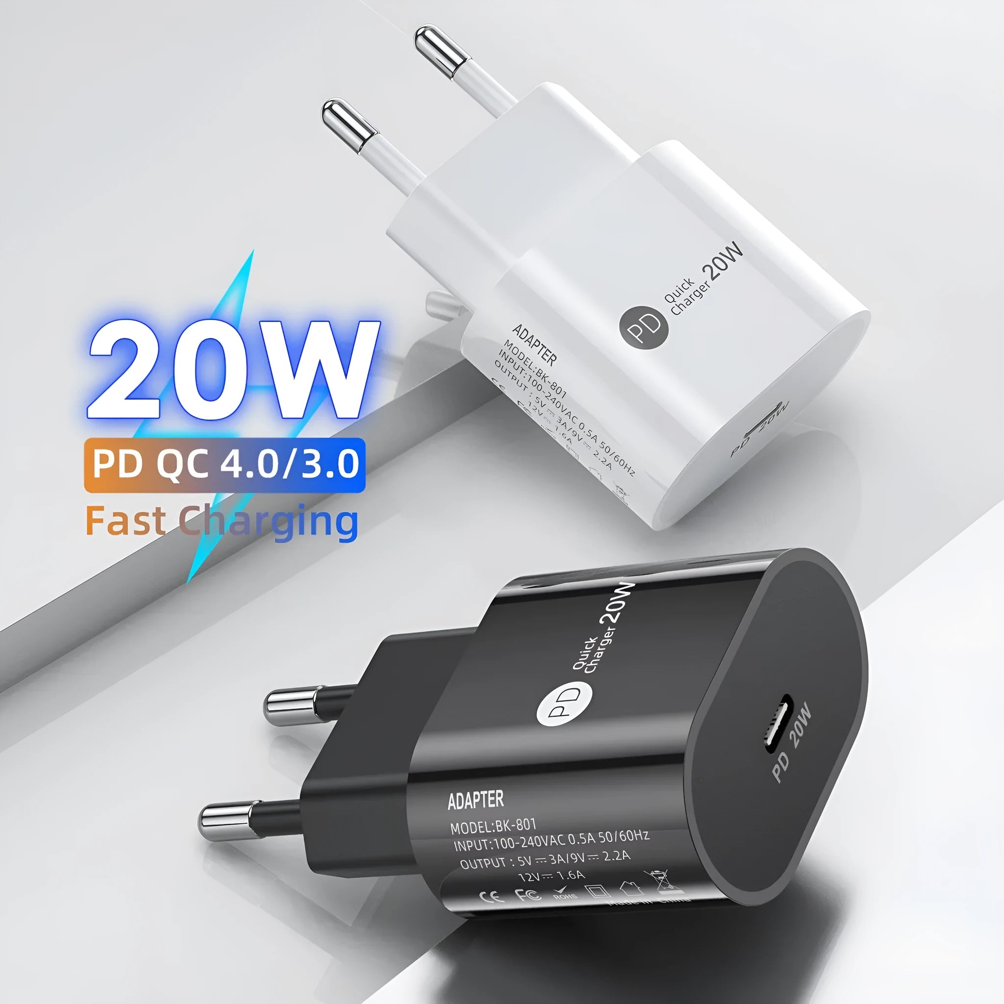 PD20W 20W USB-C fast charger charging head in white with European standard plug