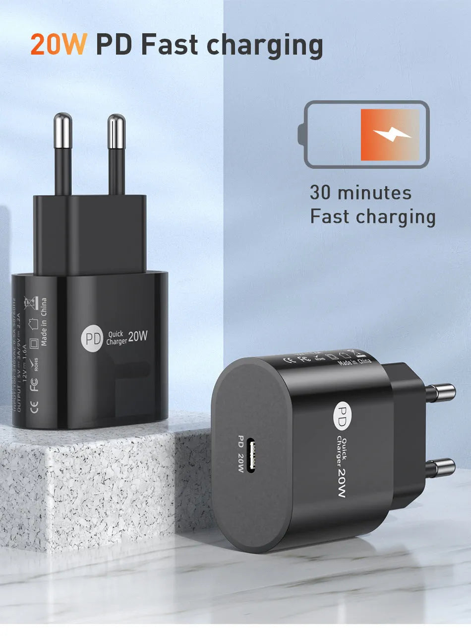 PD20W 20W USB-C fast charger charging head in white with European standard plug