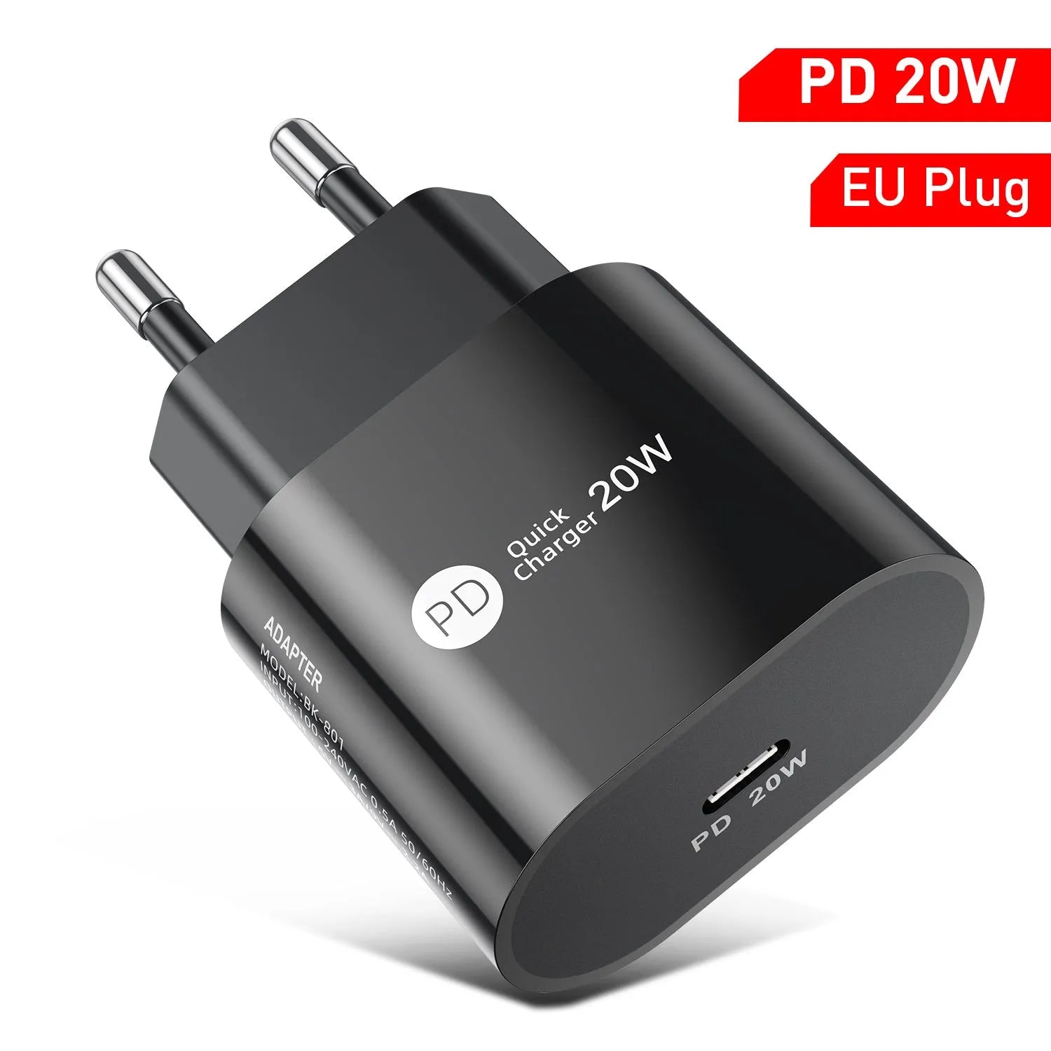 PD20W 20W USB-C fast charger charging head in white with European standard plug