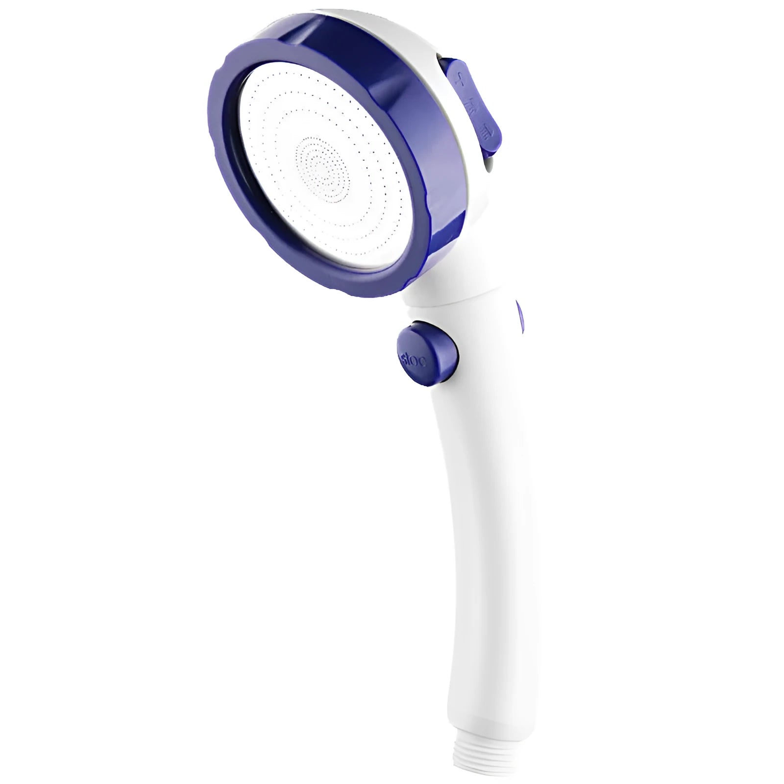 Blue handheld shower head with standard universal screw fitting for bathroom installation.