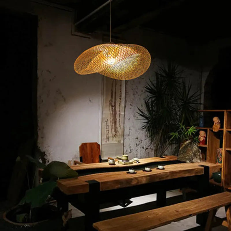 Chinese style bamboo chandelier with 40cm diameter shell for Zen tea room lighting.
