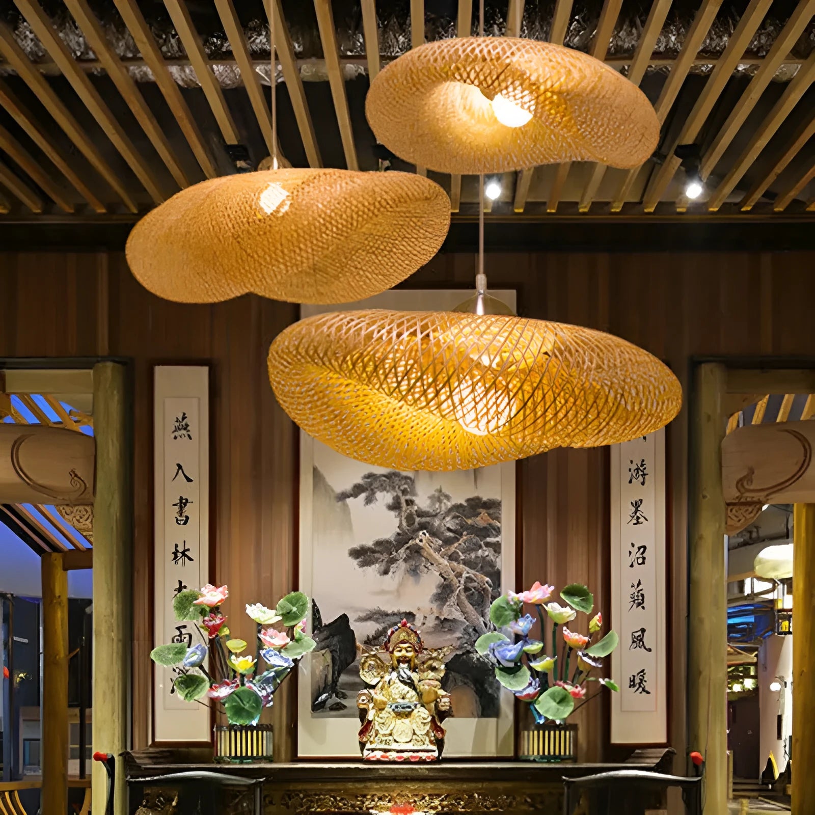 Chinese style bamboo chandelier with 40cm diameter shell for Zen tea room lighting.