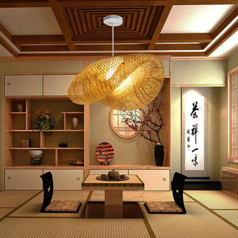 Chinese style bamboo chandelier with 40cm diameter shell for Zen tea room lighting.