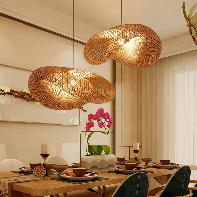 Chinese style bamboo chandelier with 40cm diameter shell for Zen tea room lighting.