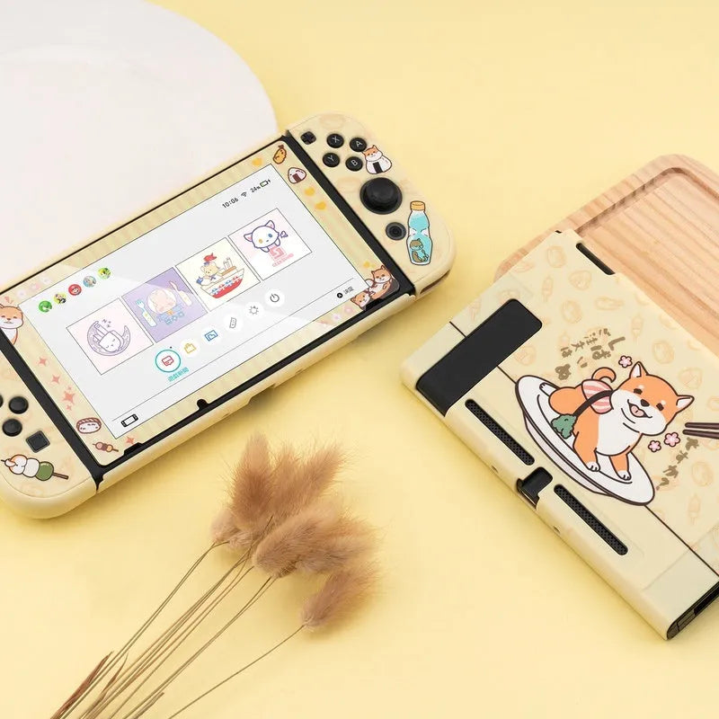 Nintendo Switch Lite controller inside a black PC hard protective case with silicone thumbstick sleeves.