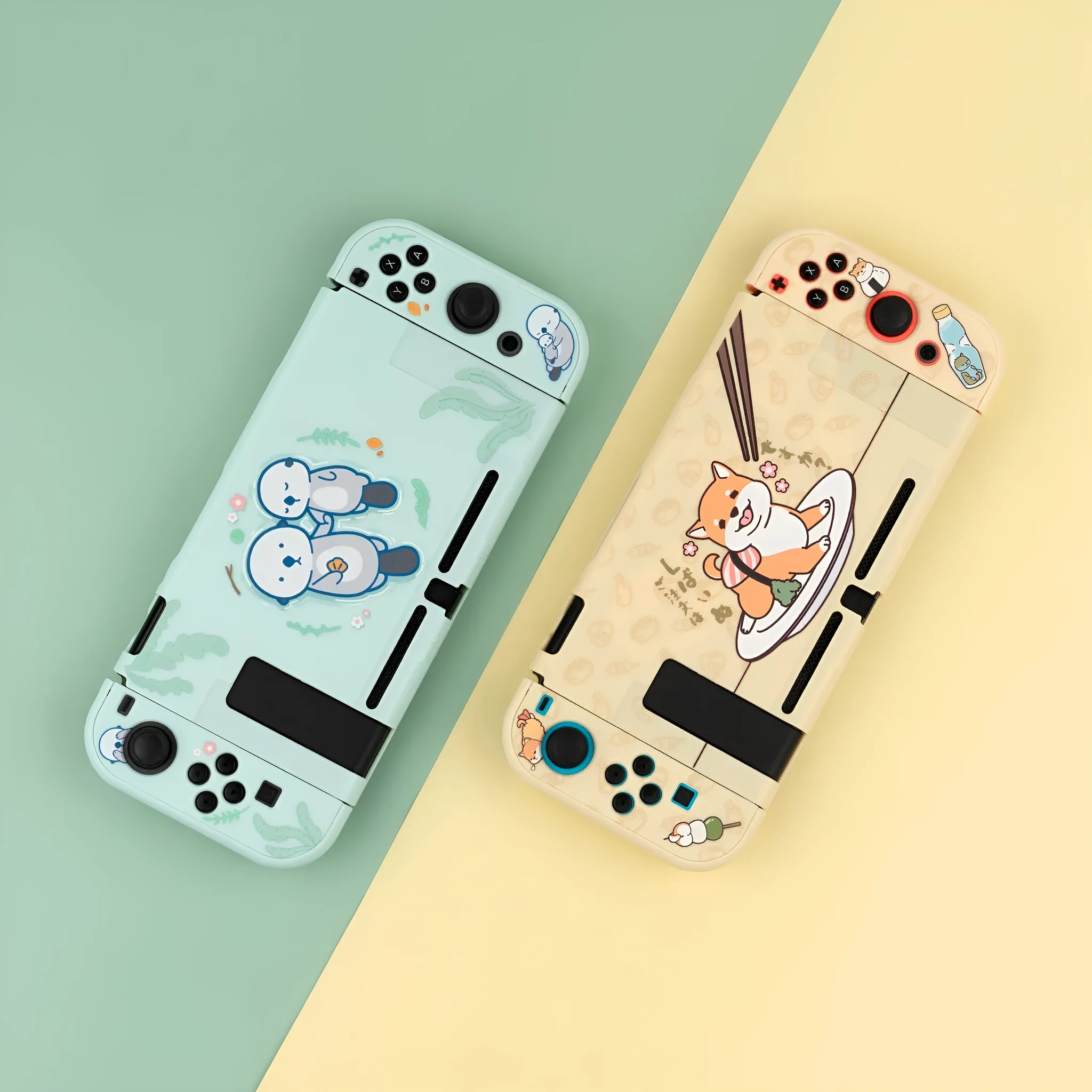 Nintendo Switch Lite controller inside a black PC hard protective case with silicone thumbstick sleeves.