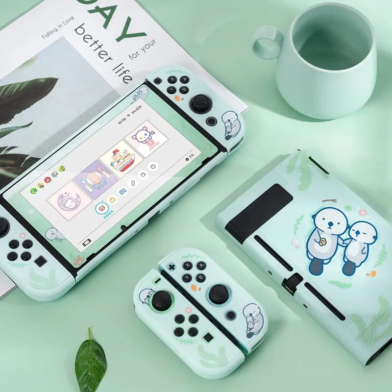 Nintendo Switch Lite controller inside a black PC hard protective case with silicone thumbstick sleeves.