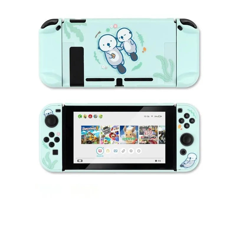 Nintendo Switch Lite controller inside a black PC hard protective case with silicone thumbstick sleeves.