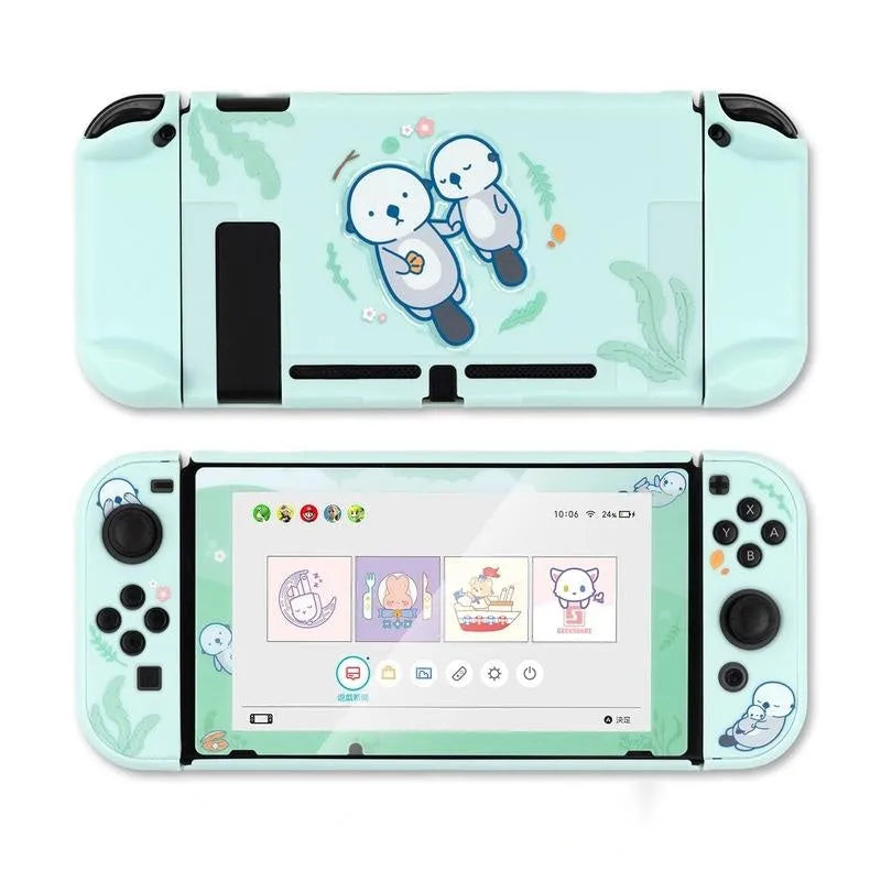 Nintendo Switch Lite controller inside a black PC hard protective case with silicone thumbstick sleeves.