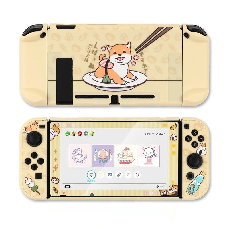 Nintendo Switch Lite controller inside a black PC hard protective case with silicone thumbstick sleeves.