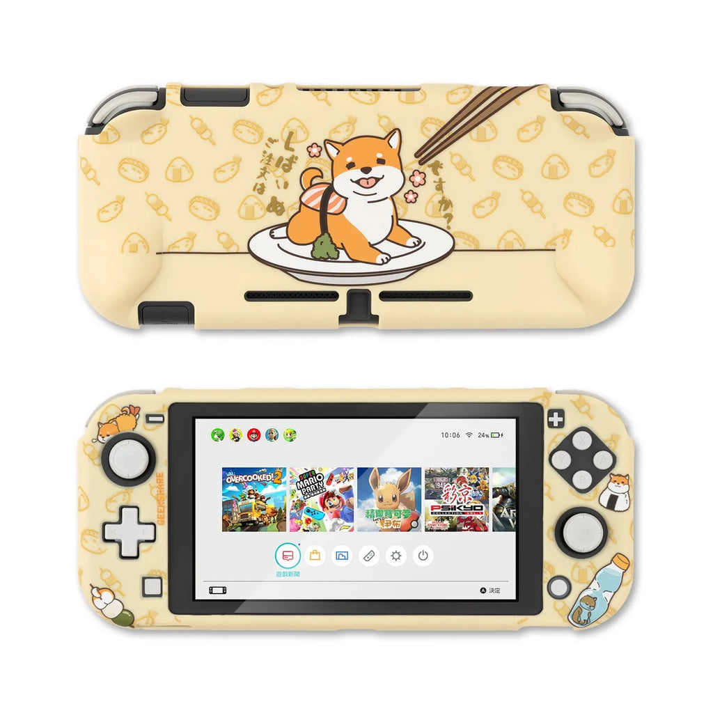 Nintendo Switch Lite controller inside a black PC hard protective case with silicone thumbstick sleeves.