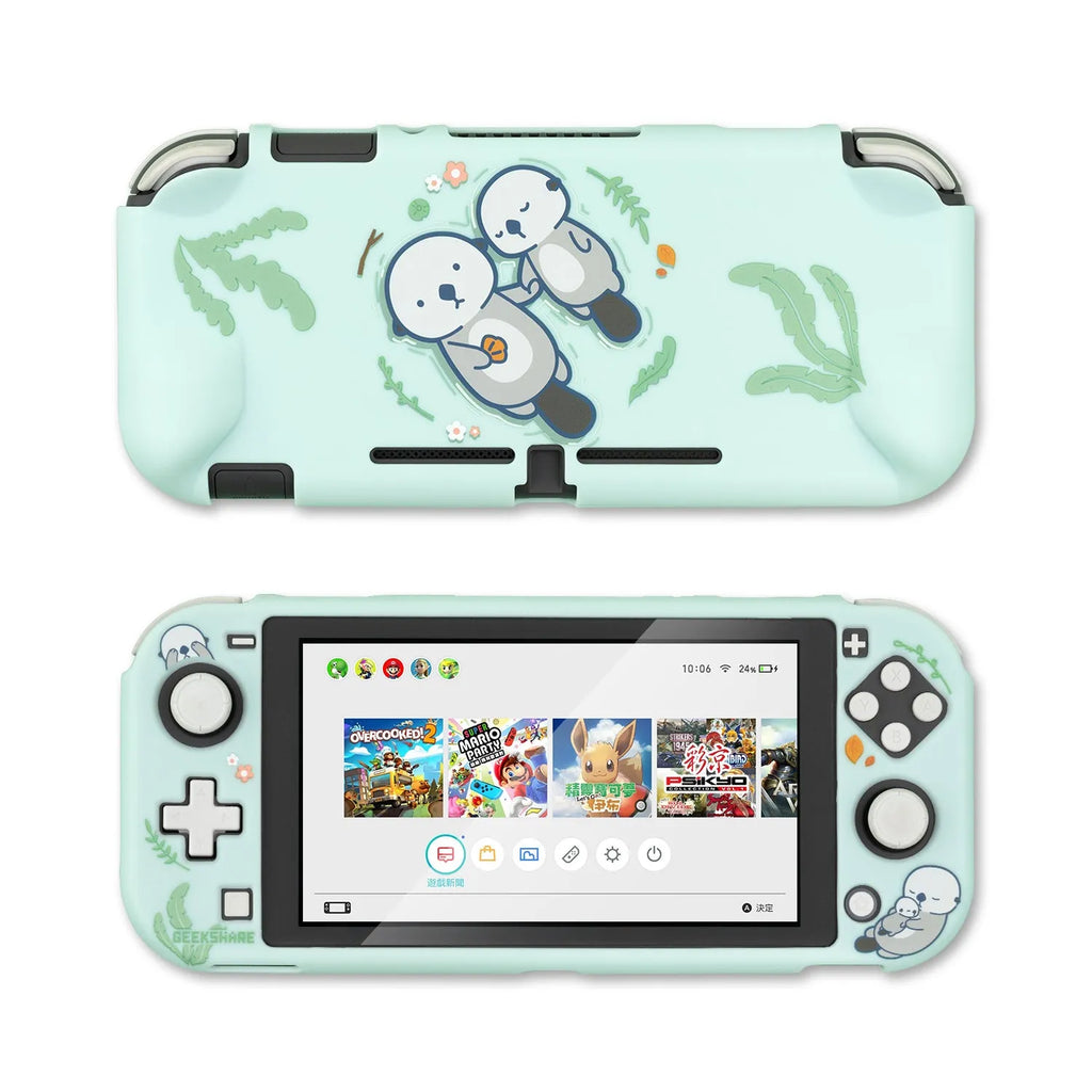 Nintendo Switch Lite controller inside a black PC hard protective case with silicone thumbstick sleeves.
