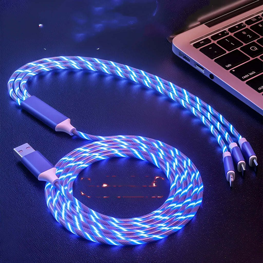 Blue one for three streamer USB data cable with marquee lights charging multiple devices