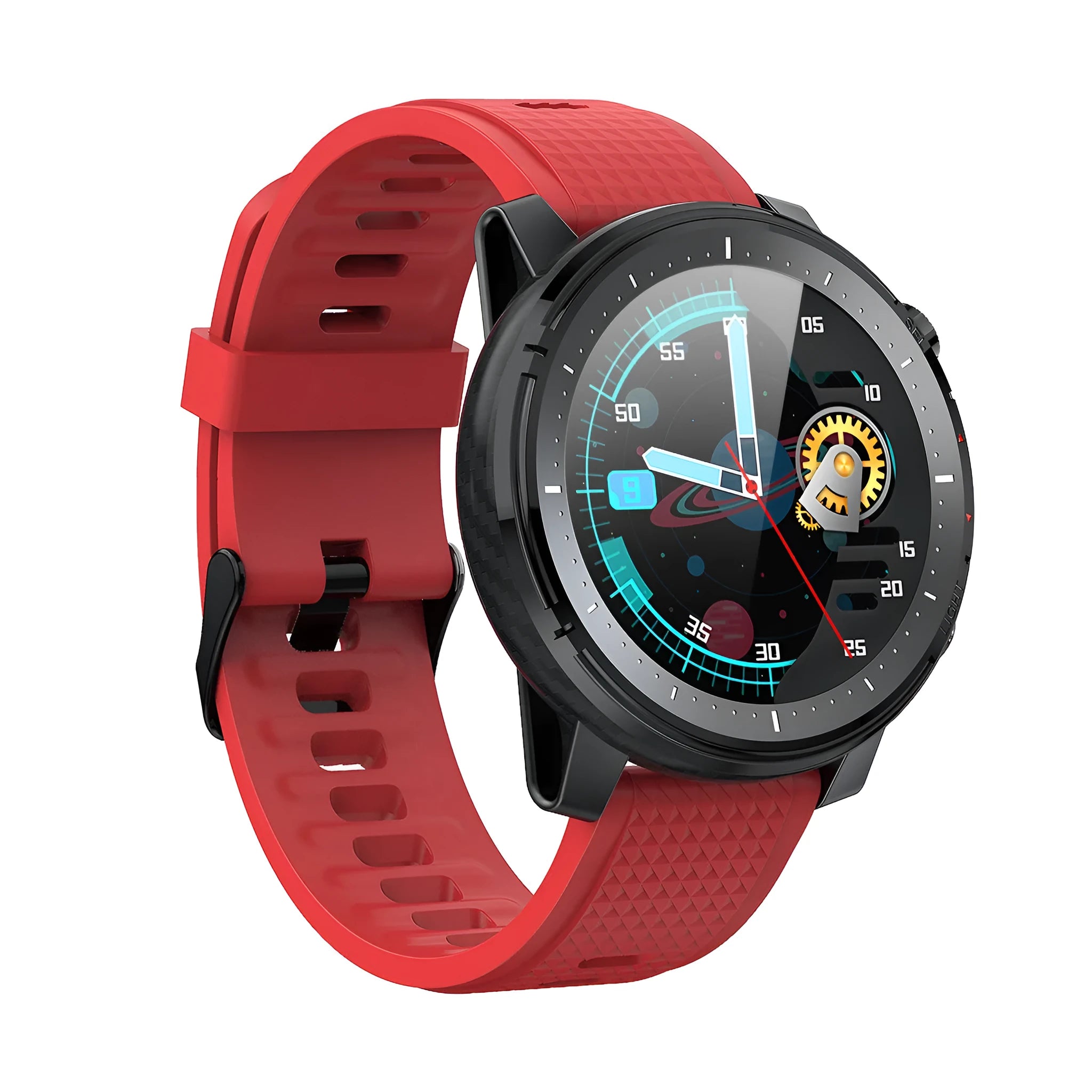 Black IP68 waterproof Android smartwatch with round 1.3-inch screen on a silicone wrist strap.