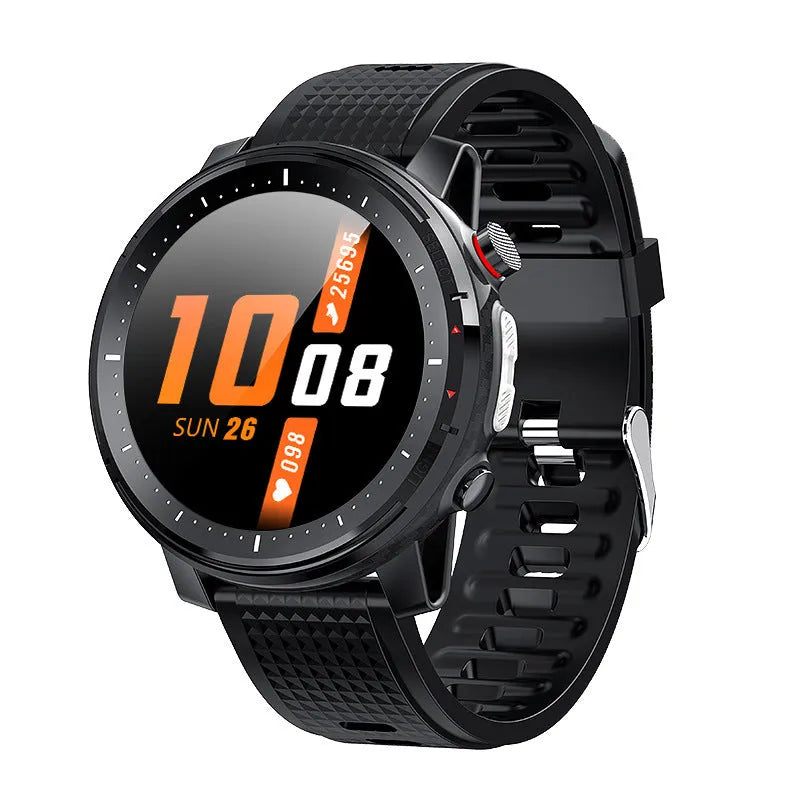 Black IP68 waterproof Android smartwatch with round 1.3-inch screen on a silicone wrist strap.