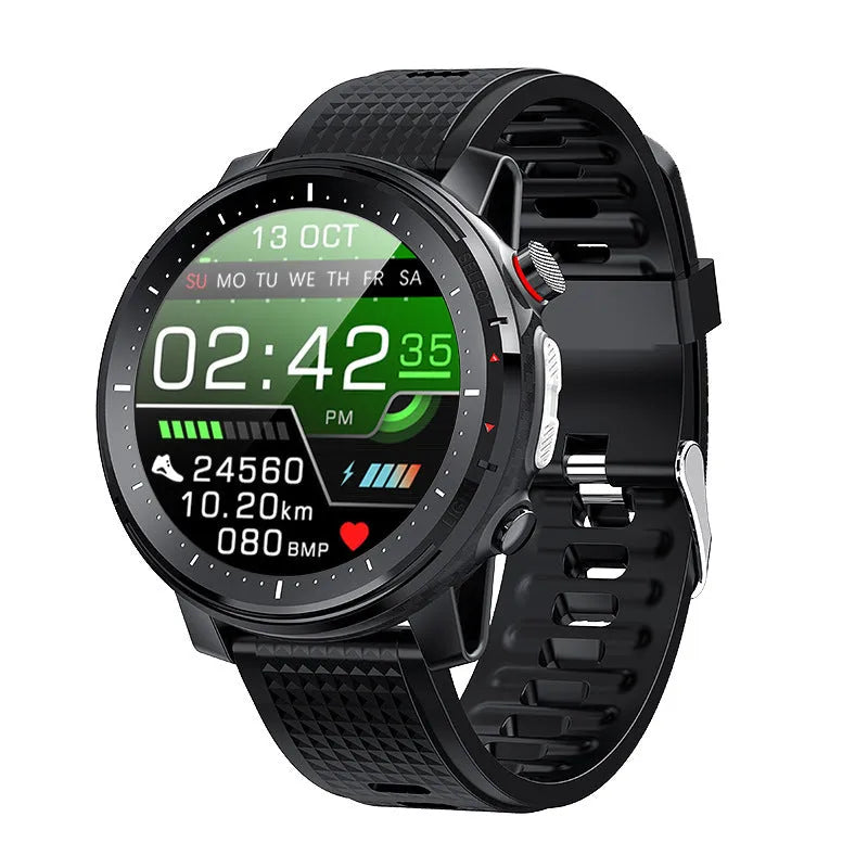 Black IP68 waterproof Android smartwatch with round 1.3-inch screen on a silicone wrist strap.