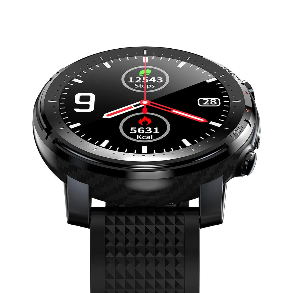 Black IP68 waterproof Android smartwatch with round 1.3-inch screen on a silicone wrist strap.