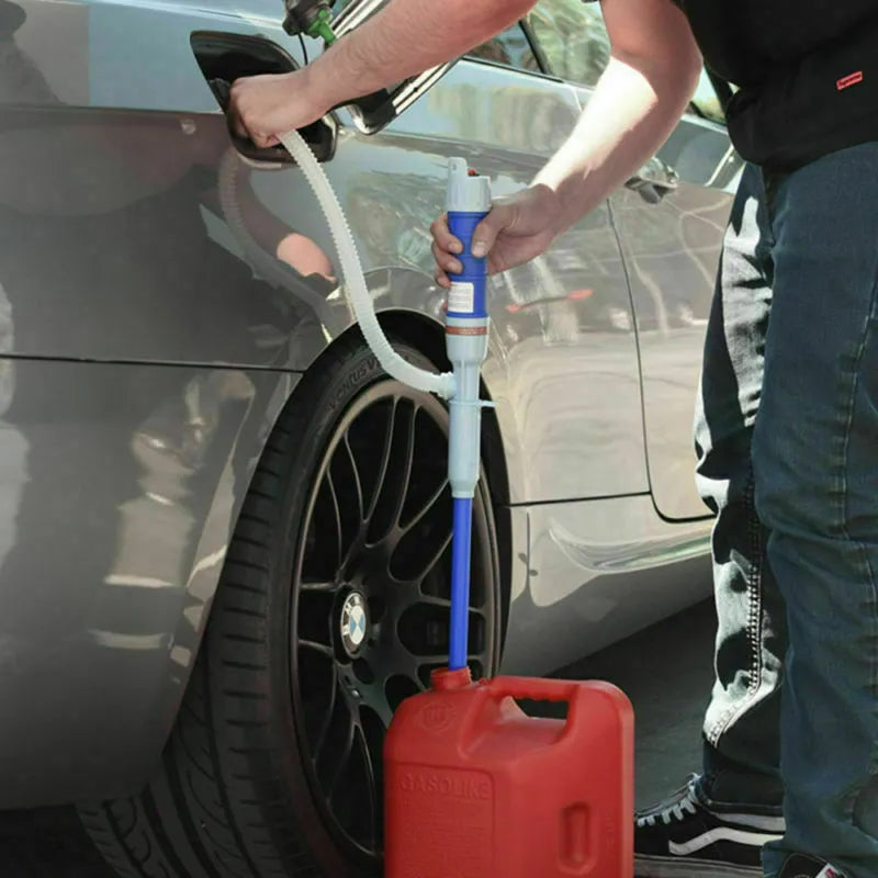 Manual hand pump siphon for fuel and liquid transfer in red or blue colour