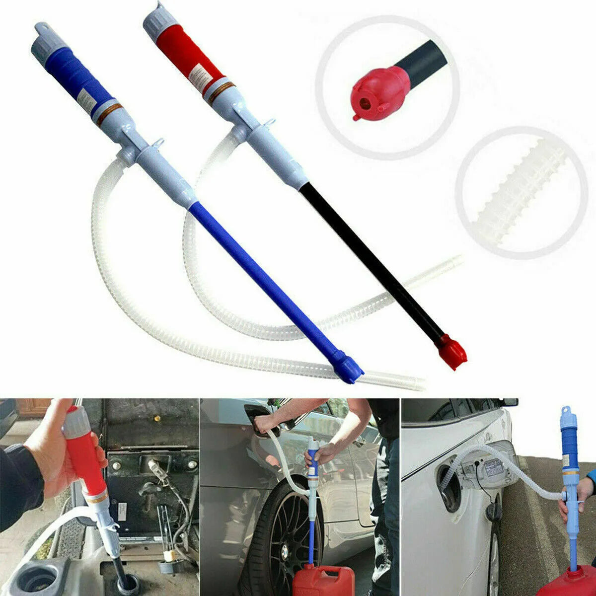 Manual hand pump siphon for fuel and liquid transfer in red or blue colour