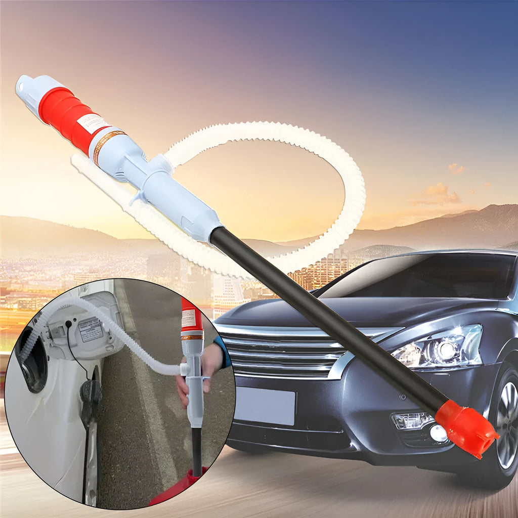 Manual hand pump siphon for fuel and liquid transfer in red or blue colour