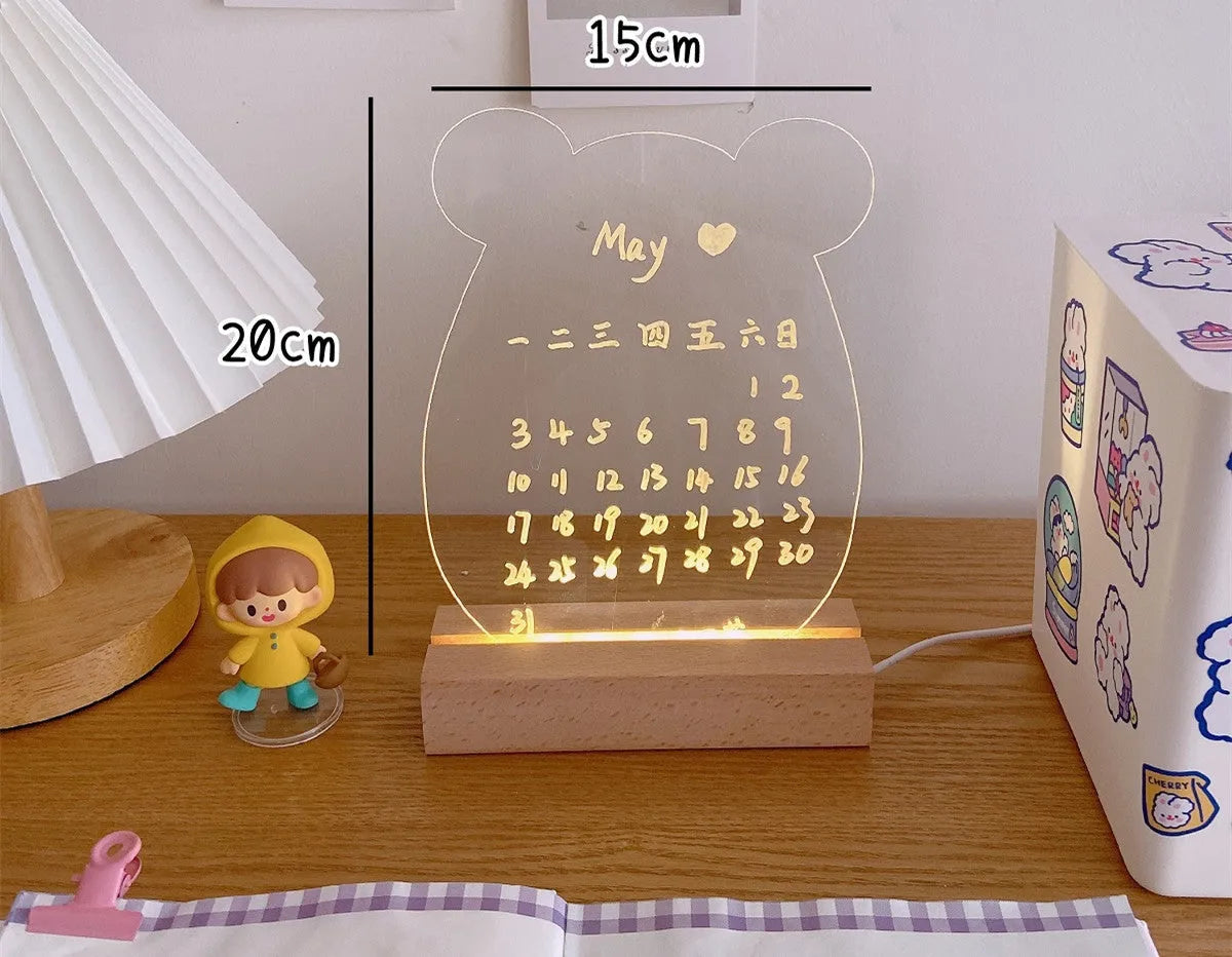 LED bedside lamp with optional message board in one of seven design configurations