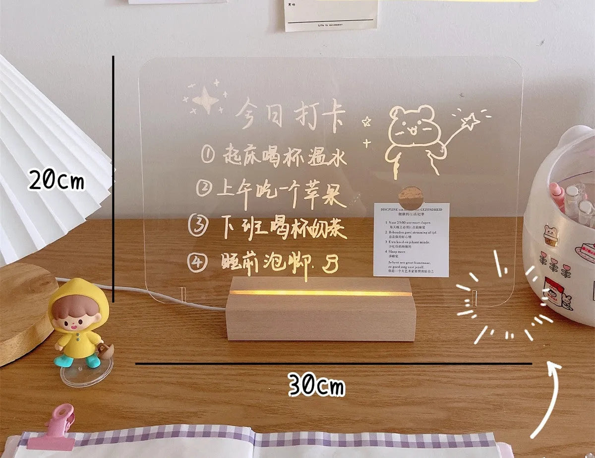 LED bedside lamp with optional message board in one of seven design configurations