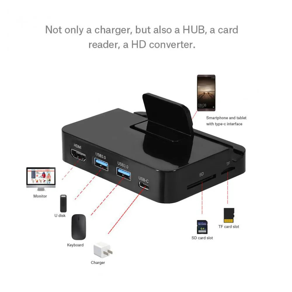 Black base mobile phone to HDMI converter dock for presentations on a desk.