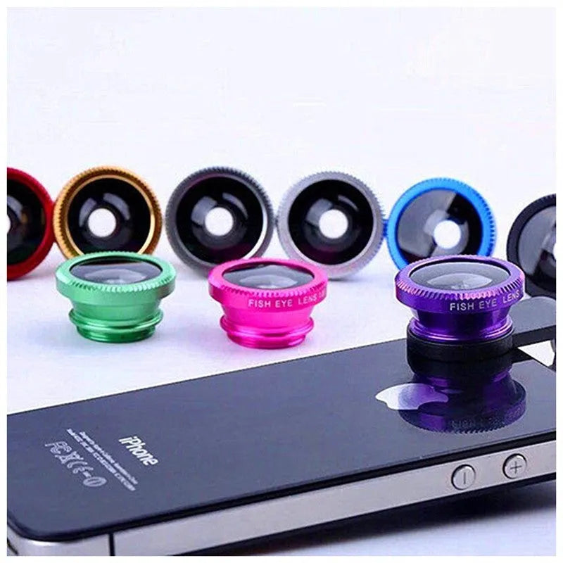 3-in-1 mobile phone lens kit with fisheye, wide angle and macro lenses in aluminium housing