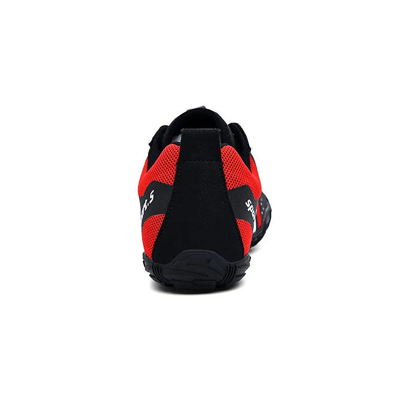 Outdoor quick-drying wading shoes in red, black, and orange with mesh uppers and rubber soles.