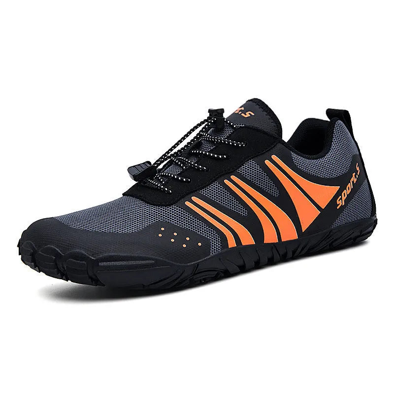 Outdoor quick-drying wading shoes in red, black, and orange with mesh uppers and rubber soles.