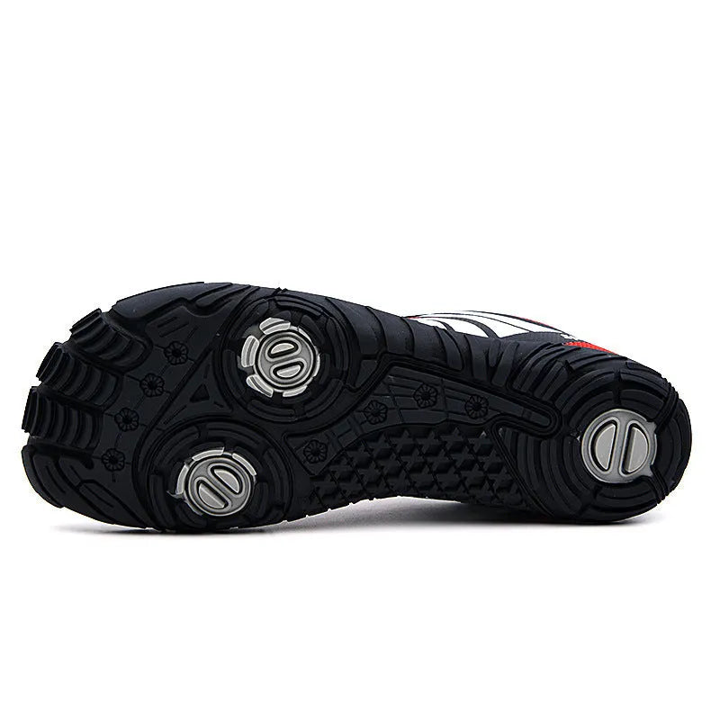 Outdoor quick-drying wading shoes in red, black, and orange with mesh uppers and rubber soles.