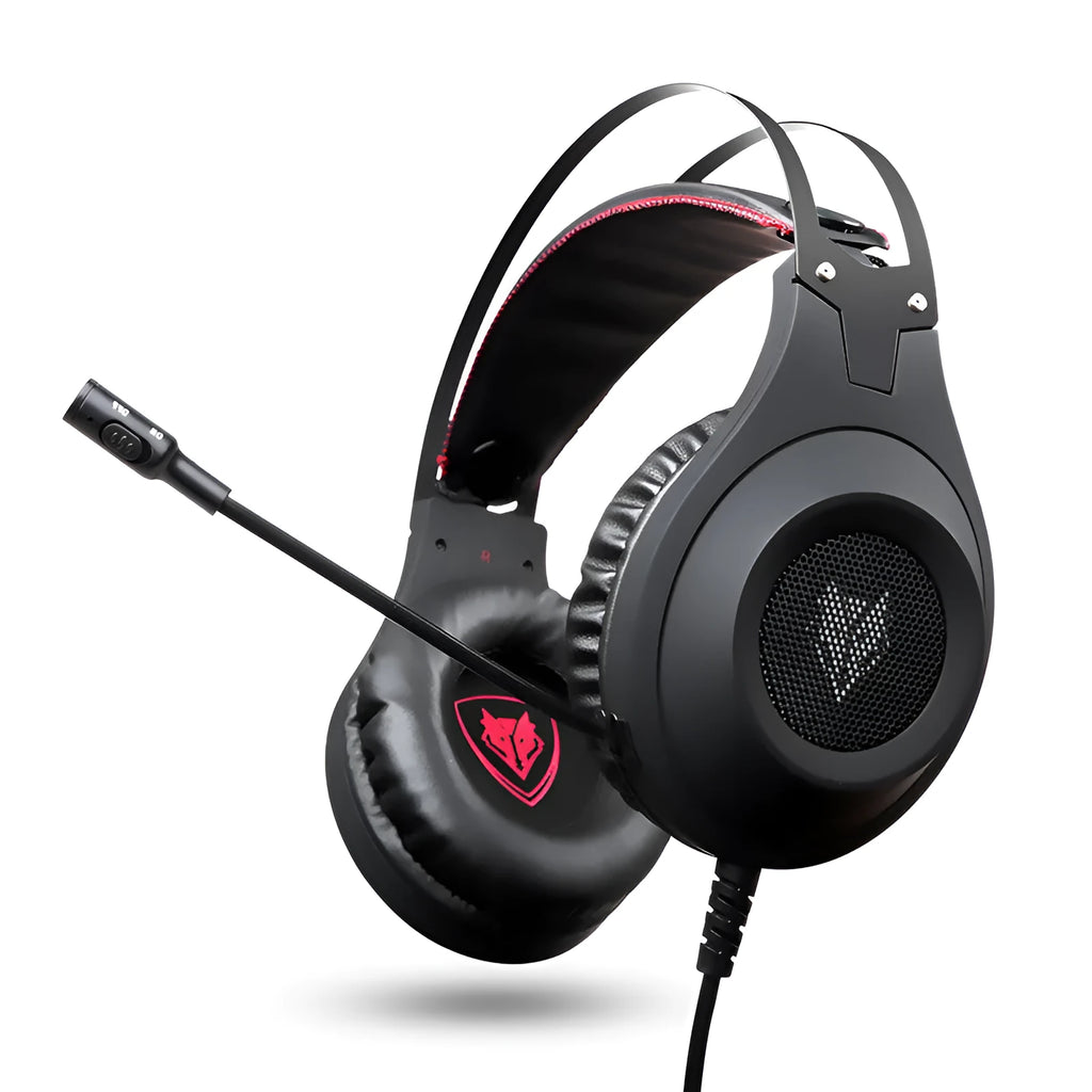 Black over-ear USB wired computer headset with microphone on a PC desktop