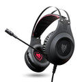 Black over-ear USB wired computer headset with microphone on a PC desktop