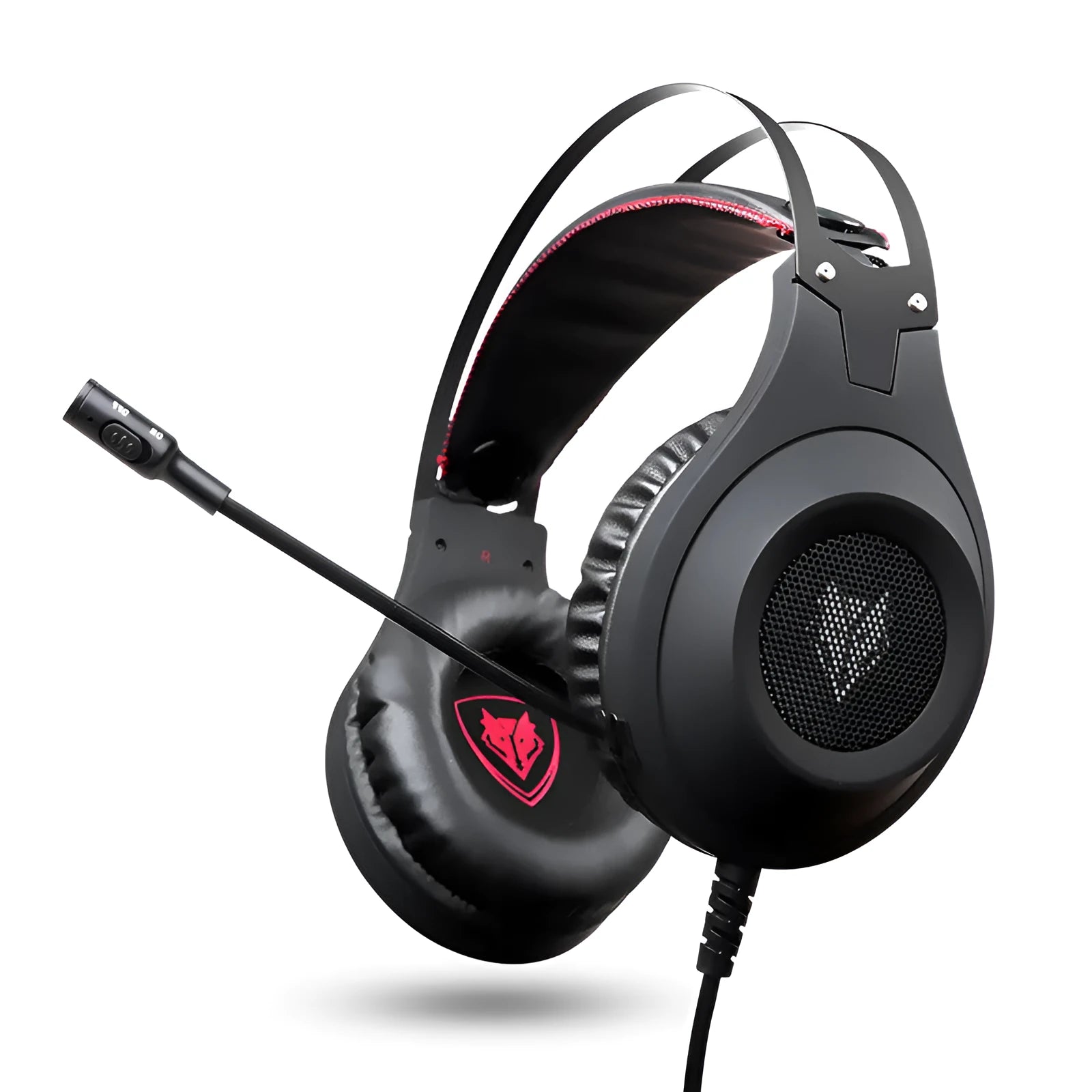 Black over-ear USB wired computer headset with microphone on a PC desktop