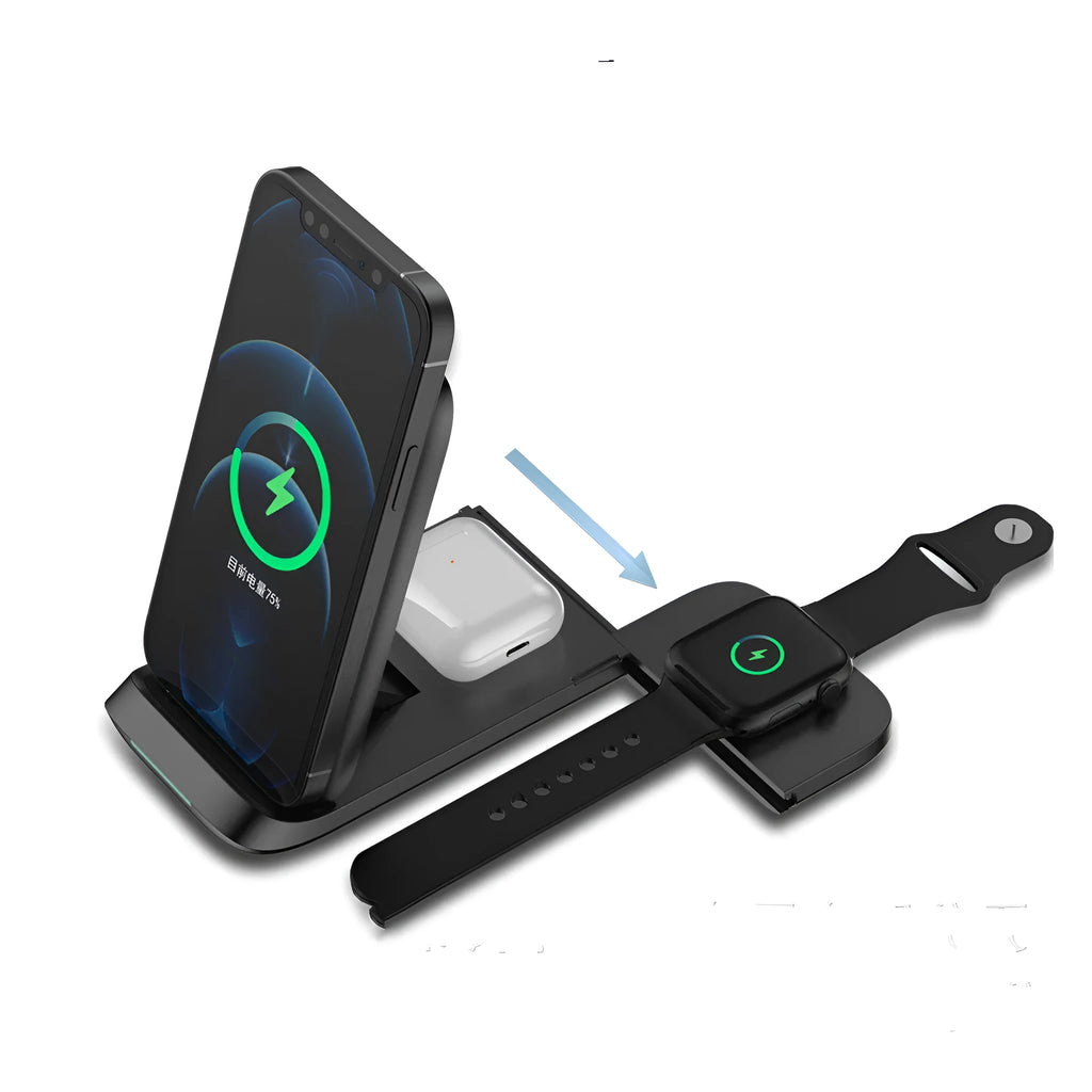 Black foldable three-in-one wireless charger with phone, watch and earbuds charging simultaneously