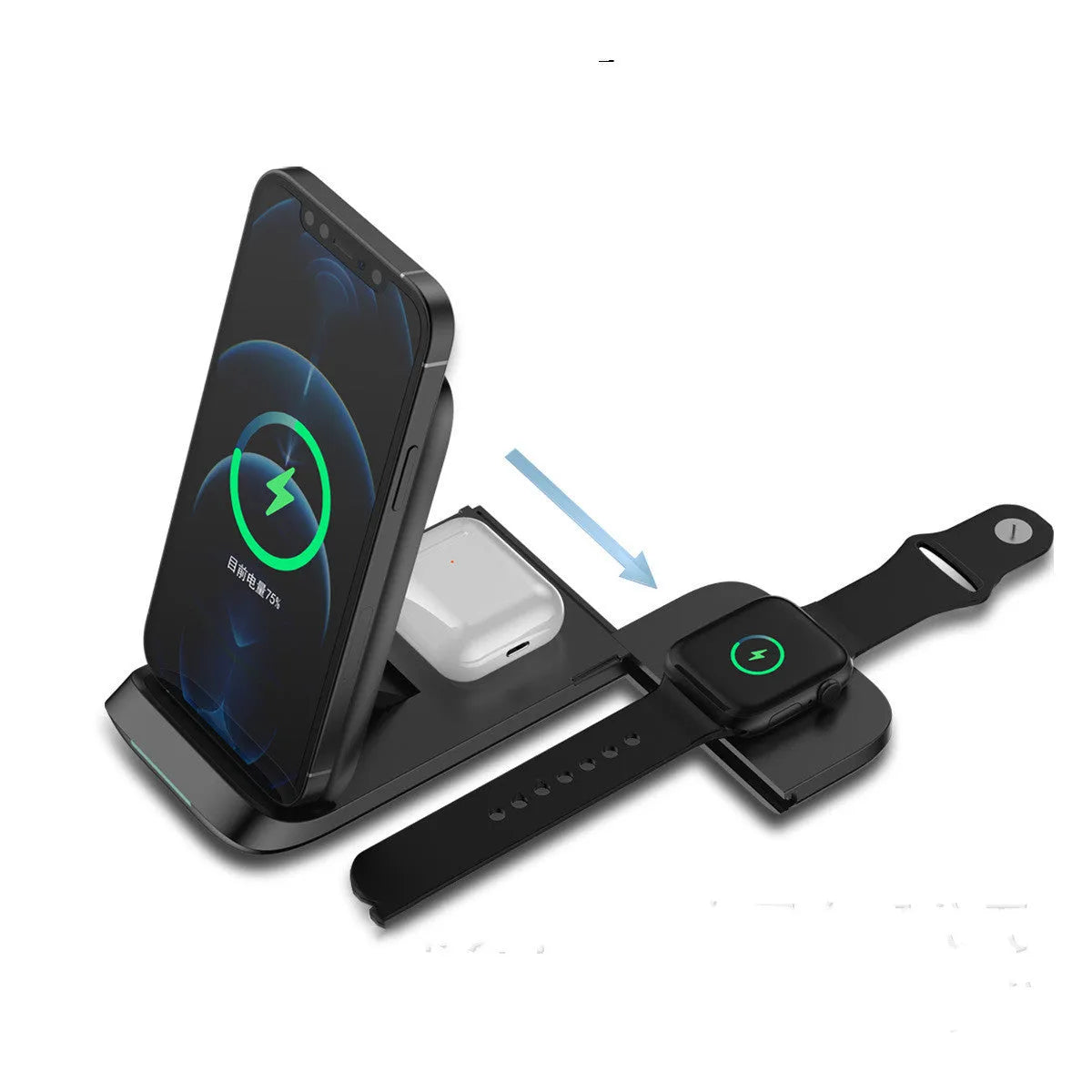 Black foldable three-in-one wireless charger with phone, watch and earbuds charging simultaneously