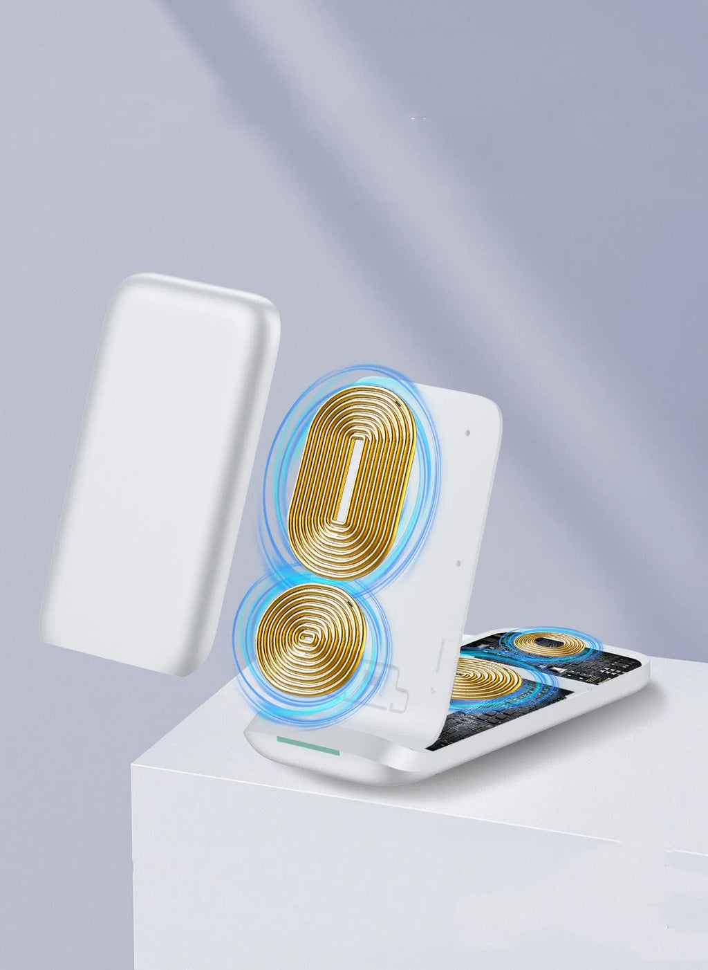 Black foldable three-in-one wireless charger with phone, watch and earbuds charging simultaneously