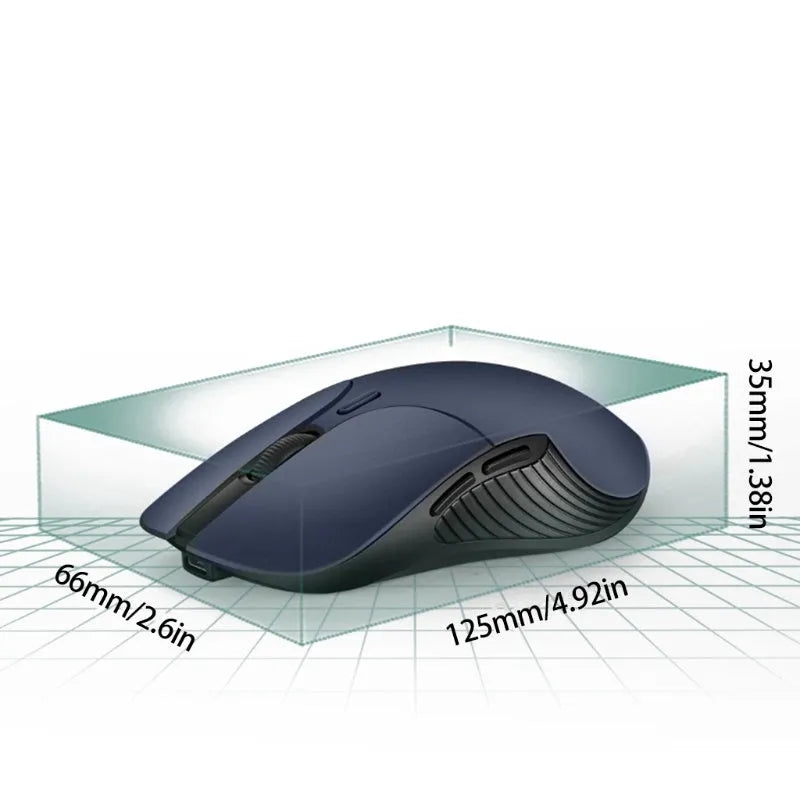 Blue smart voice mouse with translation function showing dimensions and wireless receiver