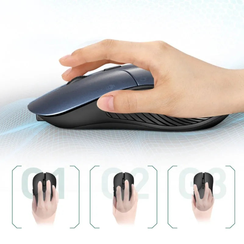 Blue smart voice mouse with translation function showing dimensions and wireless receiver